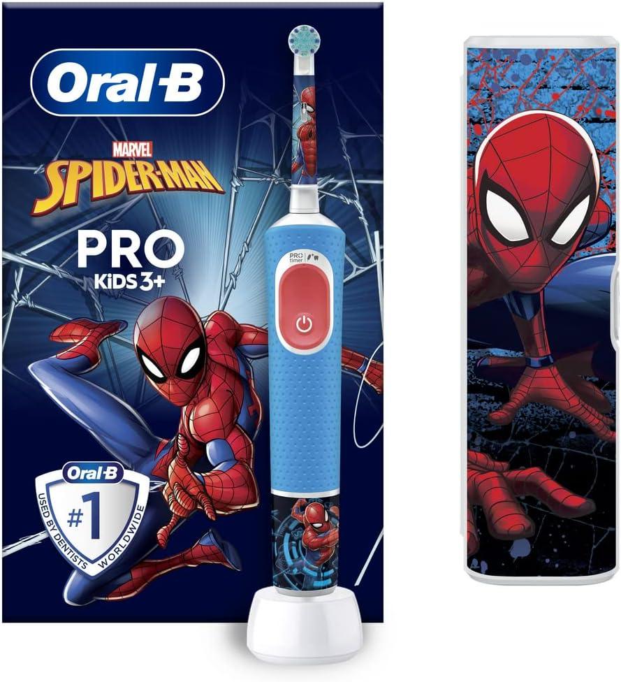 Oral-B Pro Kids Electric Toothbrush, Christmas Gifts For Kids, 1 Toothbrush Head, x4 Spiderman Stickers, 1 Travel Case, 2 Modes with Kid-Friendly Sensitive Mode, For Ages 3+, 2 Pin UK Plug