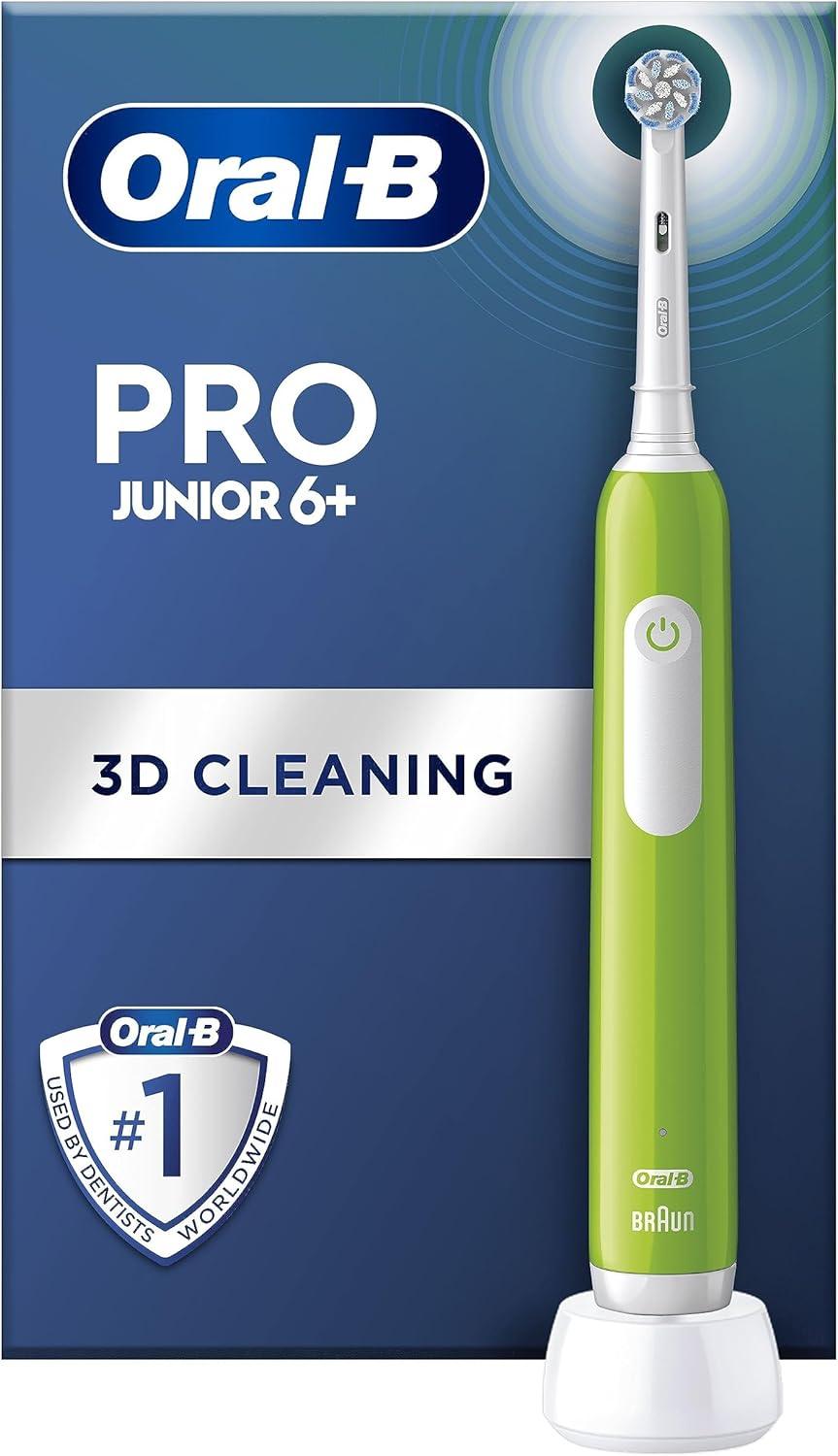 Oral-B Pro Junior Kids Electric Toothbrush, Christmas Gifts For Kids, 1 Toothbrush Head, 3 Modes With Kid-Friendly Sensitive Mode, For Ages 6+, 2 Pin UK Plug, Green