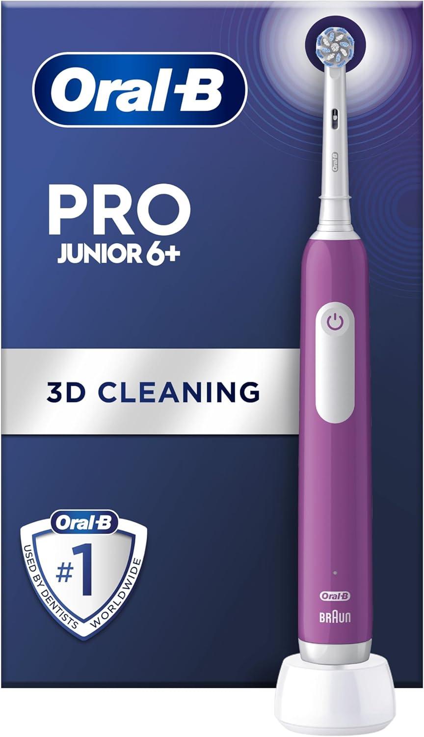 Oral-B Pro Junior Kids Electric Toothbrush, Christmas Gifts For Kids, 1 Toothbrush Head, 3 Modes With Kid-Friendly Sensitive Mode, For Ages 6+, 2 Pin UK Plug, Purple