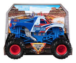 Monster Jam toy truck in packaging with stadium background