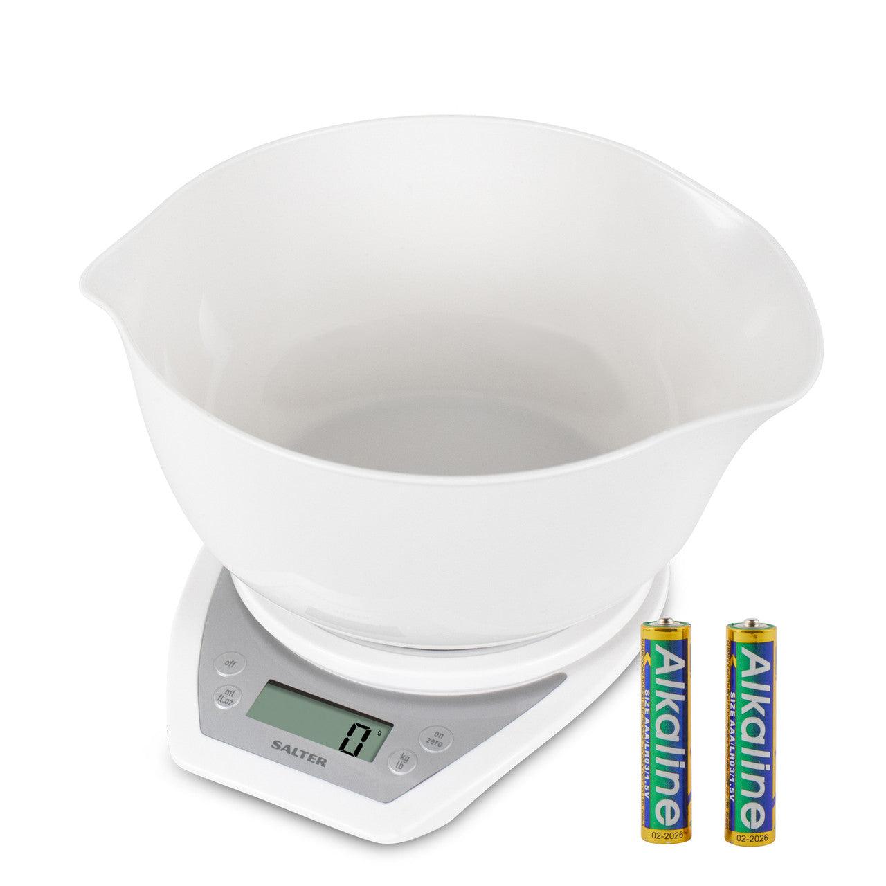 Salter Digital Kitchen Scales with Dual Pour Mixing Bowl - White