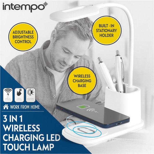 Intempo 3 in 1 Wireless Charging LED Touch Lamp, Adjustable Brightness Control, White