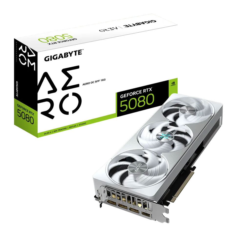 Gigabyte NVIDIA GeForce RTX 5080 AERO OC SFF 16G Graphics Card, 16GB GDDR7, 10752 CUDA Cores, 2730 MHz Core Clock, Triple Fan, White, RGB, 3x DisplayPorts / 1x HDMI Port