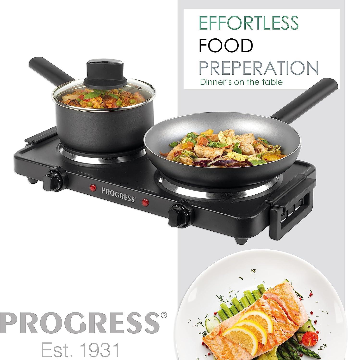 Progress Electric Twin Hot Plate - Dual Temperature Controls, Portable Hob Rings, Easy Grip Carry Handles, Non-Slip Tabletop & Outdoor BBQ Cooking, Compact Living, Holiday Homes/Caravans 1500W