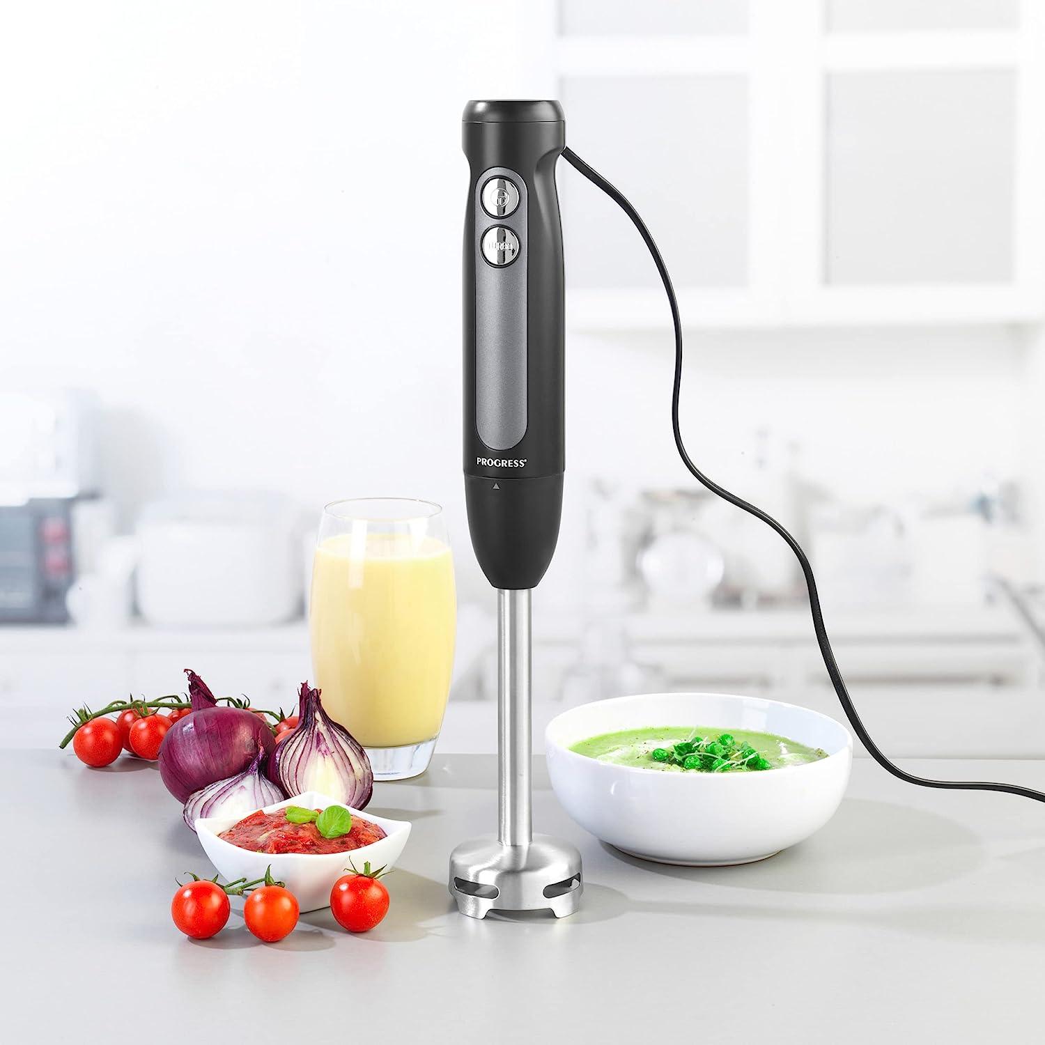 Progress Electric Stick Hand Blender, 2 Speeds & Turbo Switch, Removable Stainless Steel Rod/Blades, For Soups, Smoothies, Sauces, Easy Store, 300W, Shimmer Collection, Black/Silver