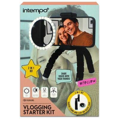 Intempo Vlogging Starter 2 in 1 Kit with Clip-On Ring Selfie Light & Tripod Smartphone Stand/Holder, 3 Adjustable Brightness Levels, Flexible Legs, Compatible Most Phones, Photos/Video