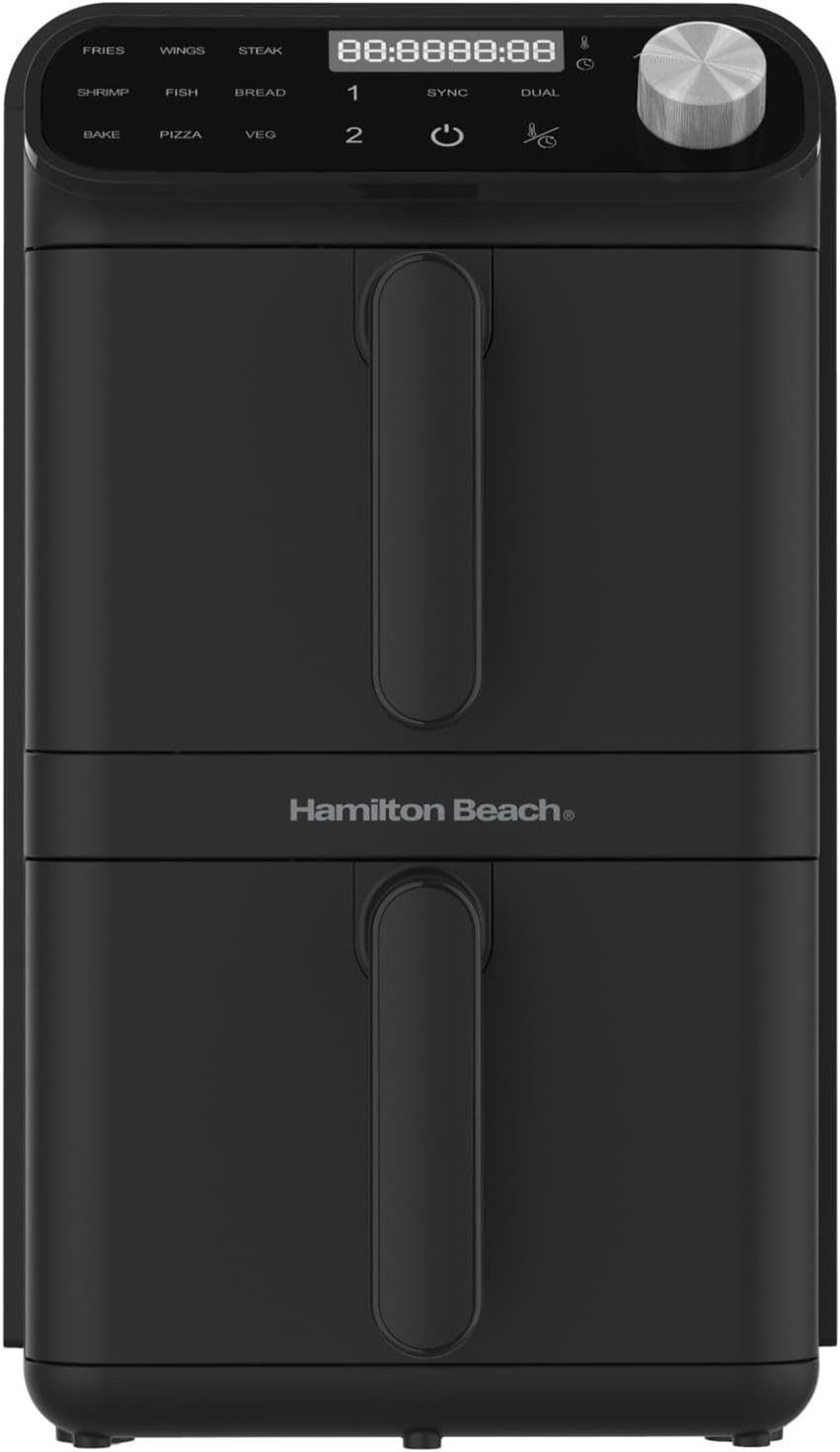 Hamilton Beach Air Fryer, 11L, Double Stack, 2460W, XXL, Space Saving Design, 9 Cooking Functions, Family Size, Non-Stick Dishwasher Safe Baskets, Black
