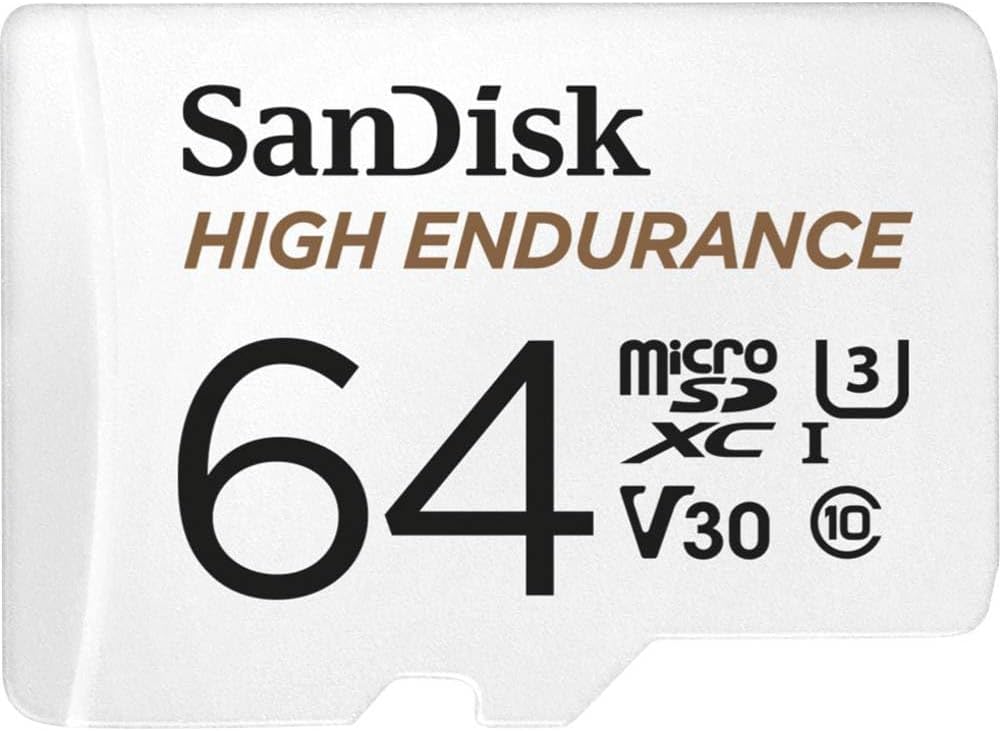 SanDisk HIGH ENDURANCE Video Monitoring for Dashcams & Home Monitoring 64 GB microSDXC Memory Card + SD Adaptor, Up to 100 MB/s read and 40 MB/s Write, Class 10, U3, V30, White