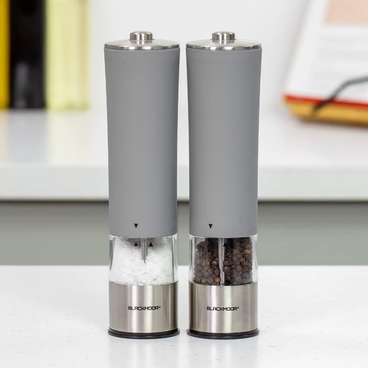 Blackmoor Electric Salt and Pepper Grinder Set/Automatic Operation/Adjustable Coarseness/Modern & Stylish Grey Colour & Stainless Steel Design/Built-in Light/Battery Operated