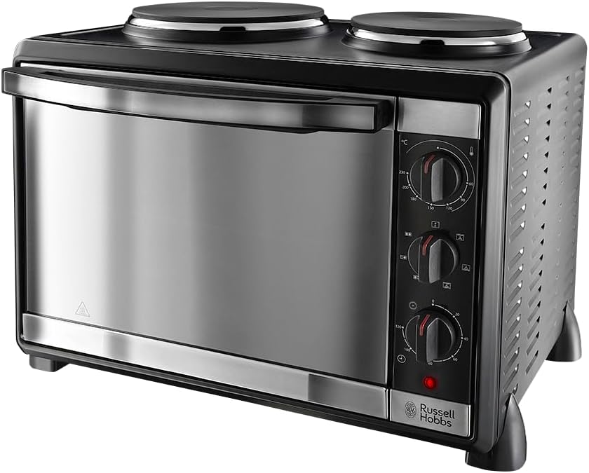 Russell Hobbs Compact 30L Electric Mini Oven with 2 Hotplates - Grill, roast, bake, boil, Fan assisted, Counter Top, Timer, Auto shut-off, Incs baking tray, grill rack & tray handle, 1920W