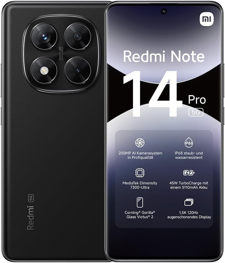 Xiaomi Redmi Note 14 Pro 5G Smartphone - Black, 12GB RAM 512GB, 200MP pro-grade AI camera, IP68, 45W turbo charging with 5110mAh battery, AI features