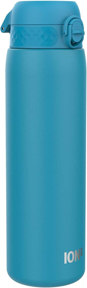 Blue insulated bottle with a lid on a white background