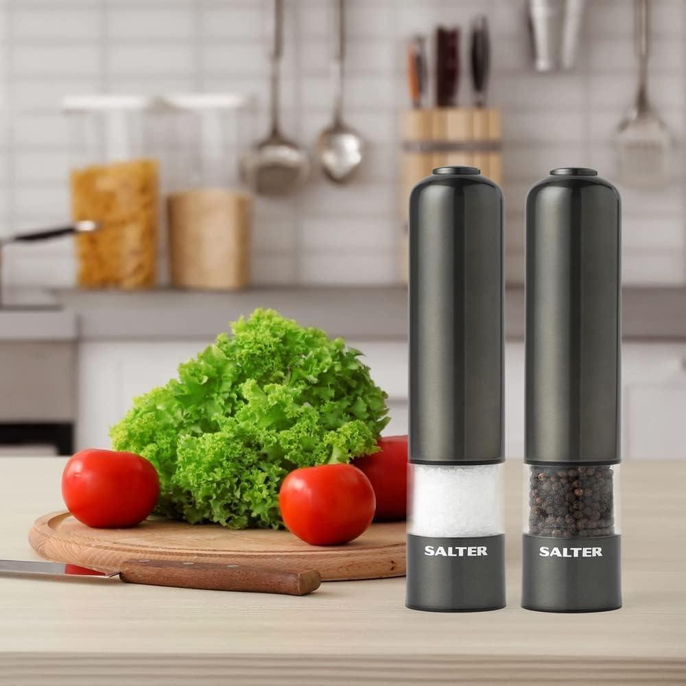 Salter Rechargeable Salt &Pepper Mills - USB Cable, Electric Grinder Set, Easy One Hand Operation, Ceramic Mechanism, BPA-Free, Adjustable Grind, For Arthritis Hands, 60g Salt/30g Pepper