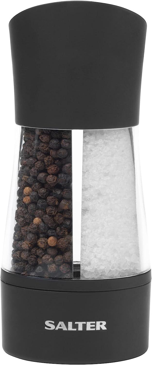 Salter Dual Salt & Pepper Grinders - 2-in-1 Compact Design, Refillable Spice Grinder Set, Adjustable Fine/Coarse Grinding, 75g Salt & 30g Peppercorns, Ceramic Mechanism, Twist to Grind