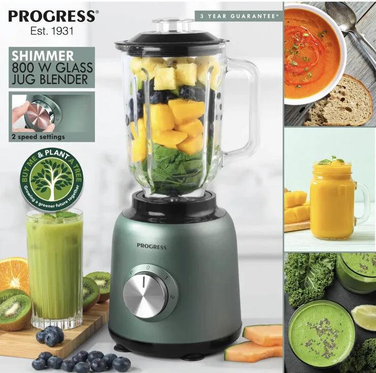Progress Shimmer Glass Jug Blender, Electric Smoothie Maker Machine, 2 Speed Settings & Pulse Function, Stainless Steel Cross Blade, Detachable, 800 W, 1.5 Litre Capacity, Green