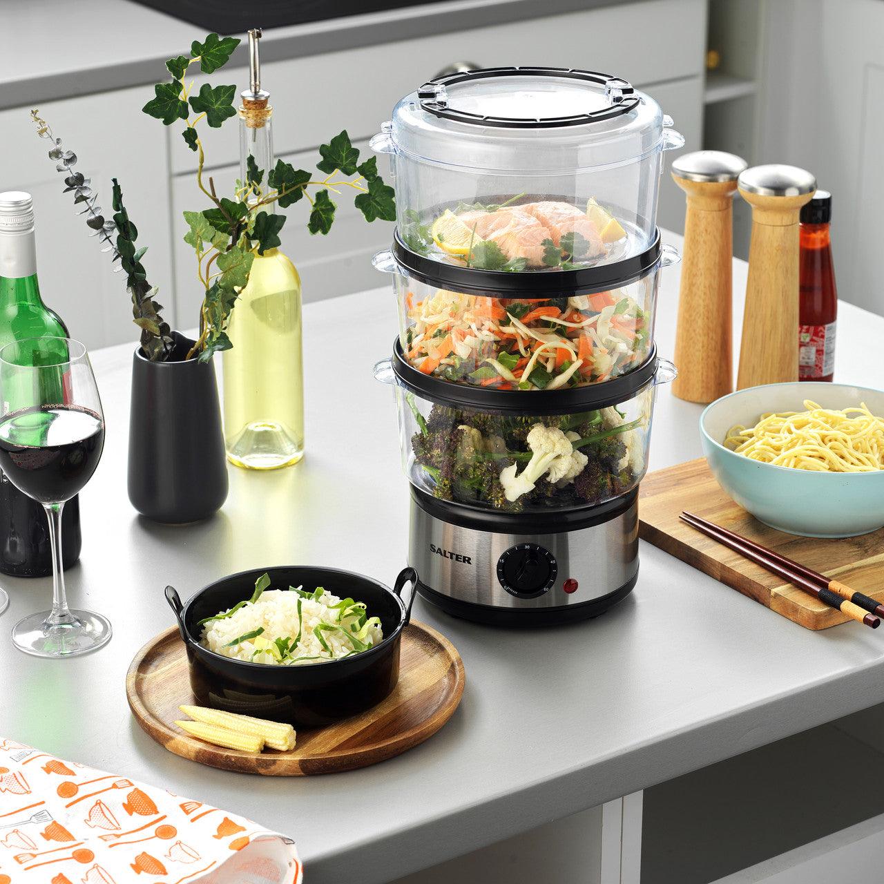 Salter Healthy Electric 3 Tier Steamer And Rice Bowl, 60 Minute Timer, 7.5 Litre Capacity, 500 W