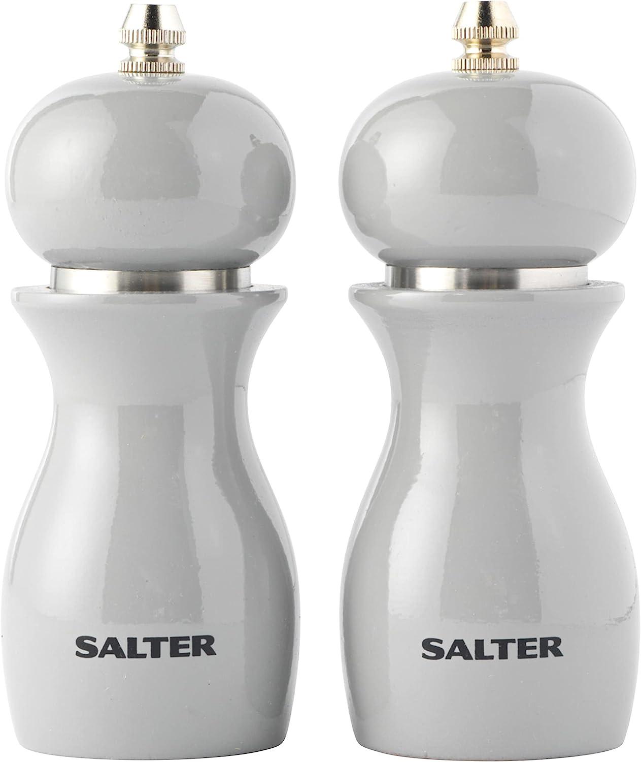 Salter Salt & Pepper Grinder Set - Spice Mills, High Gloss Mechanical Seasoning Pots, Twist To Grind, Adjustable Fine To Coarse, Retro, 26g Salt/13g Pepper, Grey Condiment Set, 14cm