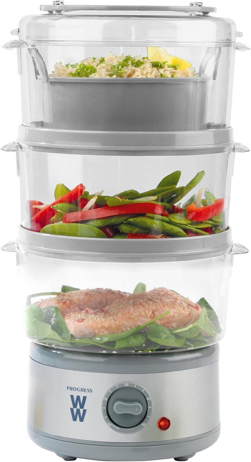 Weight Watchers WW 3 Tier Steamer, 7.5 L, Rice Bowl, 60 Minute Timer, Steamed Meat, Fish, Vegetables, 3 Steam Baskets, Collapsible Tiers, Family Cooking, 500 W