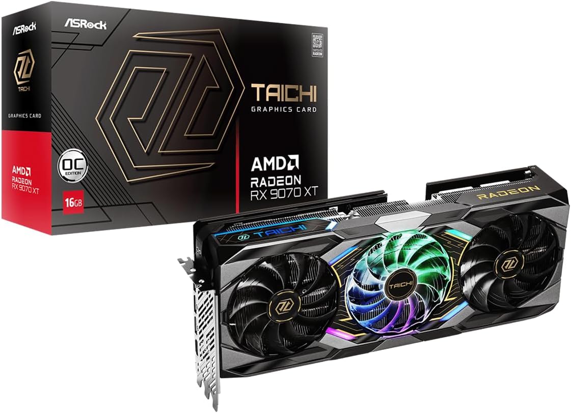 ASRock AMD Radeon RX 9070 XT Taichi 16GB OC GDDR6 Graphics Card, 4096 Streams, 3100MHz Boost Clock, Triple Fan, 3x DisplayPorts / 1x HDMI Port