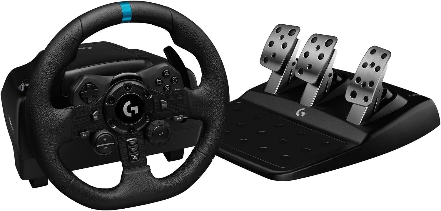 Logitech G G923 Racing Wheel and Pedals, TRUEFORCE up to 1000 Hz Force Feedback, Responsive Driving Design, Dual Clutch Launch Control, Genuine Leather Wheel Cover, for PS5, PS4, PC, Mac - Black