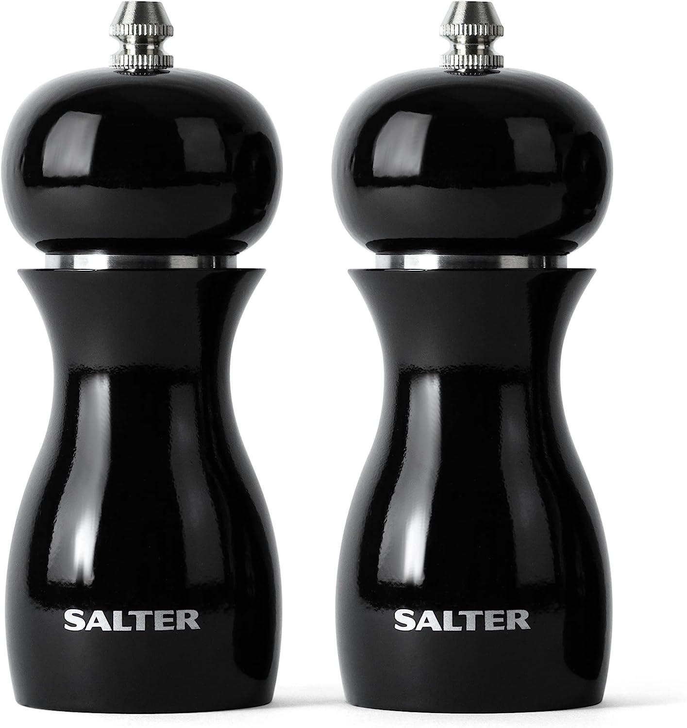 Salter Salt & Pepper Grinder Set - Spice Mills, High Gloss Mechanical Seasoning Pots, Twist To Grind, Adjustable Fine To Coarse, Retro, 26g Salt/13g Pepper, Black, 14cm