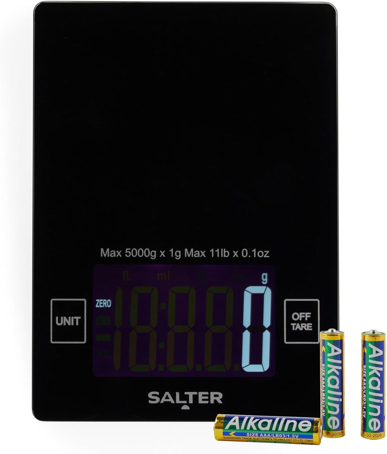 Salter High-Capacity Kitchen Scale – 10kg Capacity, Large Digital Display, Add & Weigh Zero Function, Measures Liquids, Slim Glass Platform, Food Scale, Electronic Cooking/Baking Scale