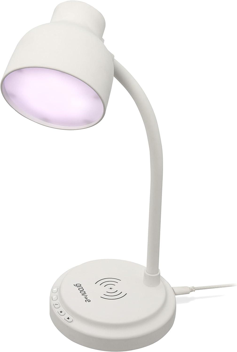 groov-e Astra LED Lamp - Touch Control Desk Light with Built-in Wireless Charger, & Bluetooth Speaker - 9 LED Colour Modes for Mood Lighting - Type-C USB Powered - White