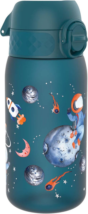 Children's water bottle with space-themed design on a dark blue background