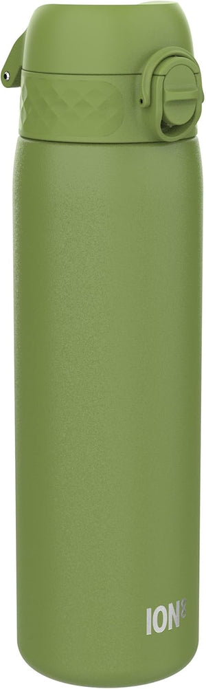 Green thermos bottle with 'ION' branding on a light green background