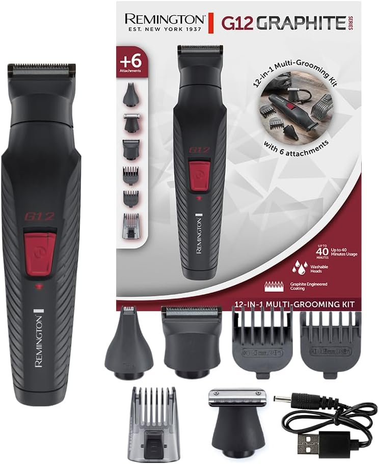 Remington 12-in-1 All-in-One Trimmer, Multi-Grooming Kit for Face, Beard, Body & Hair, 6 Attachments, Precision Detail, Nose & Ear, Self-Sharpening Blades, USB Rechargeable