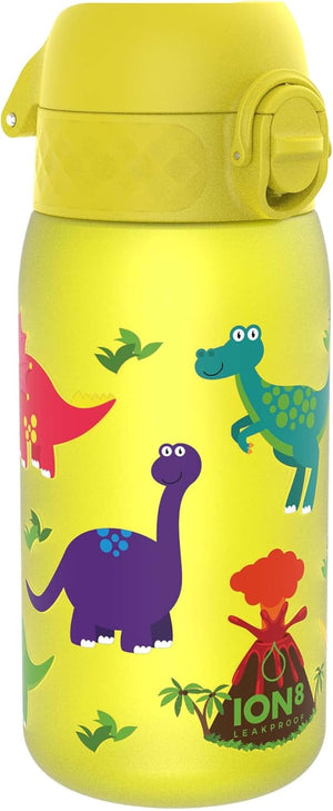Yellow water bottle with dinosaur illustrations on a yellow background