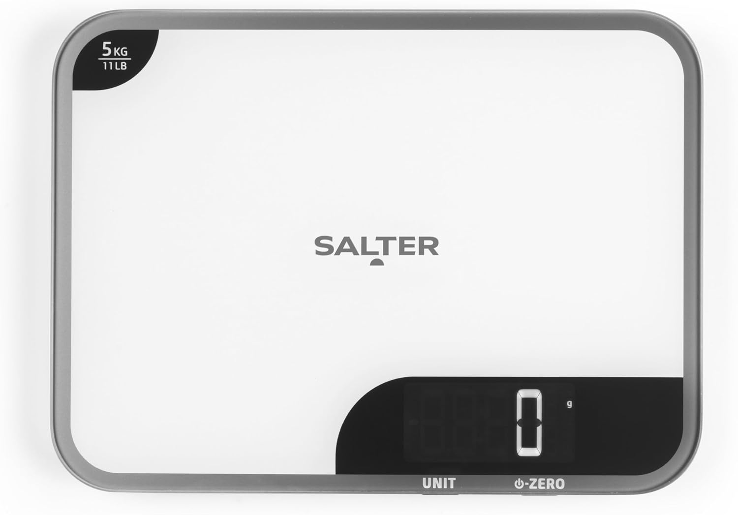 Salter Digital Kitchen Scale - 5kg Capacity, Easy Read Display, Add &Weigh/Tare Function, Measure Liquids in ml/fl.oz, Glass Platform for Baking & Cooking, Batteries Included, 17 x 23 x 1cm