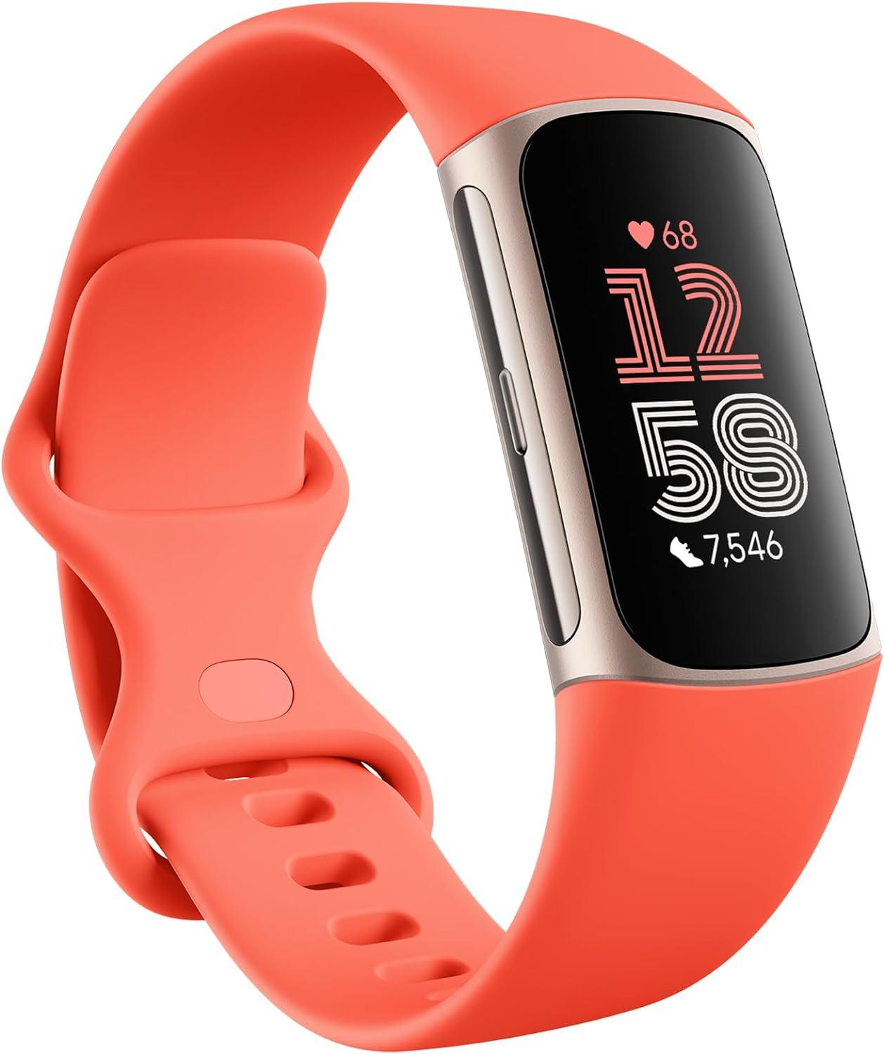 Fitbit by Google Charge 6 Activity Tracker with 6-months Premium Membership Included, 7 days battery life and Google Wallet and Google Maps, Coral / Champagne Gold Aluminium
