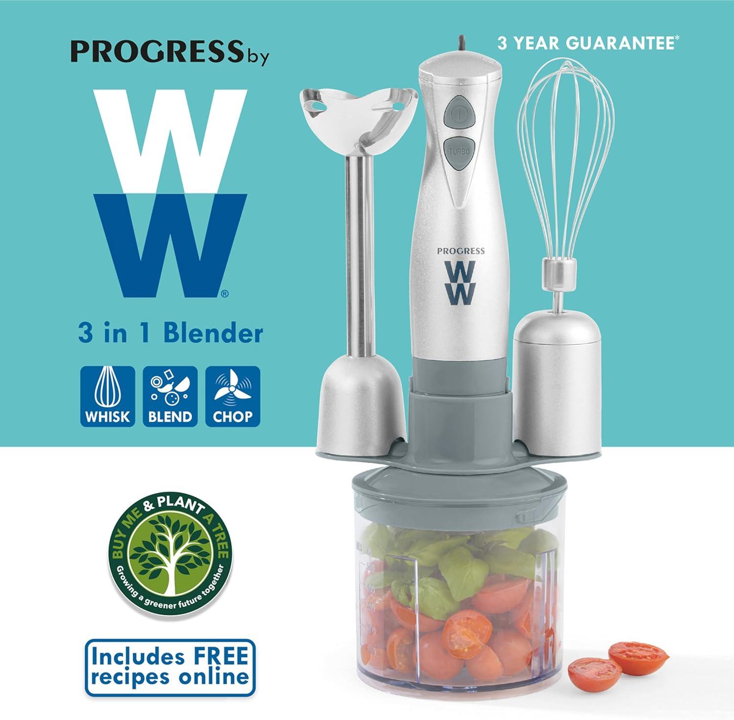 Weight Watchers WW 3-in-1 Blender Set, Whisk, Blend, Chop, Attachments Included, 500 ml Chopping Bowl, 2 Speeds, Stainless Steel Blades, Easy to Use, Soups, Smoothies, Whisk Eggs, 350 W, Silver