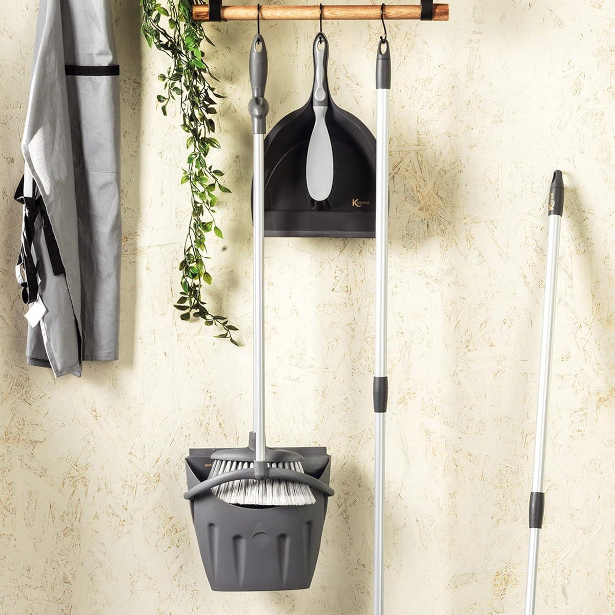 Kleeneze Tall Dustpan and Brush Set Long Handled Sweeping Brush with Gadget Station