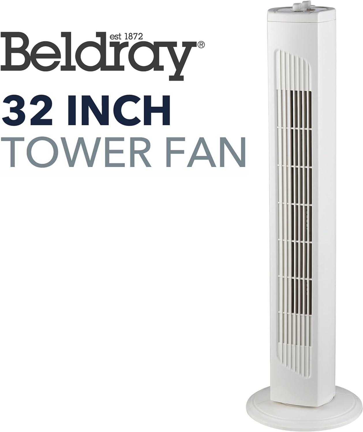 Beldray 32 Inch Tower Fan - Oscillating Fan with 3 Speeds, 2 Hour Timer, Standing Floor Fan, Portable Electric Cooler with Carry Handle, Quiet Cooling Fan, Sturdy Base, Home/Office, White, 45W