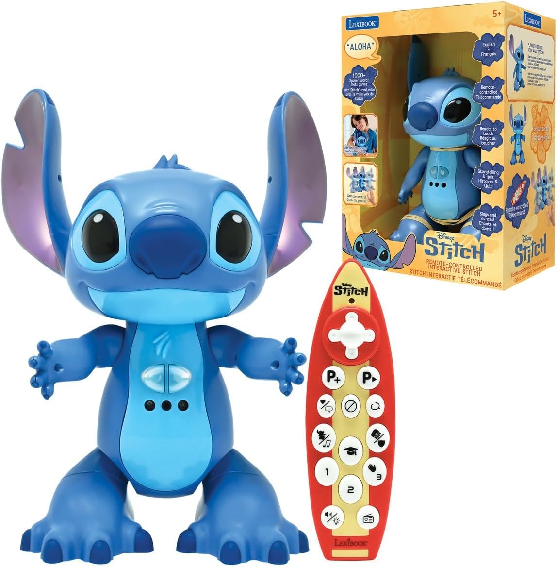 LEXIBOOK, Disney Stitch, Bilingual French English Interactive Toy, Gesture and Remote Control, Reacts to Touch, Programmable, Two Speed, Blue