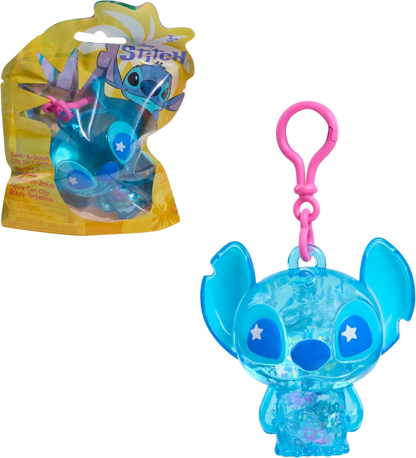 Disney Stitch Swirl-a-Stitch Clip-on Figure, 7,6 cm Plastic Figurine with Liquid, Colorful Beads, and Glitter