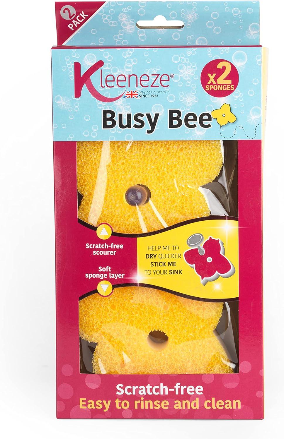 Kleeneze Dish Sponges – Scrubbing Scourer Sponge for Washing Up, Scratch Free Abrasive Scrub, Soft Sponge Layer, Double Sided, Kitchen & Cleaning, With Suction Holder, Busy Bee, 2 Pack