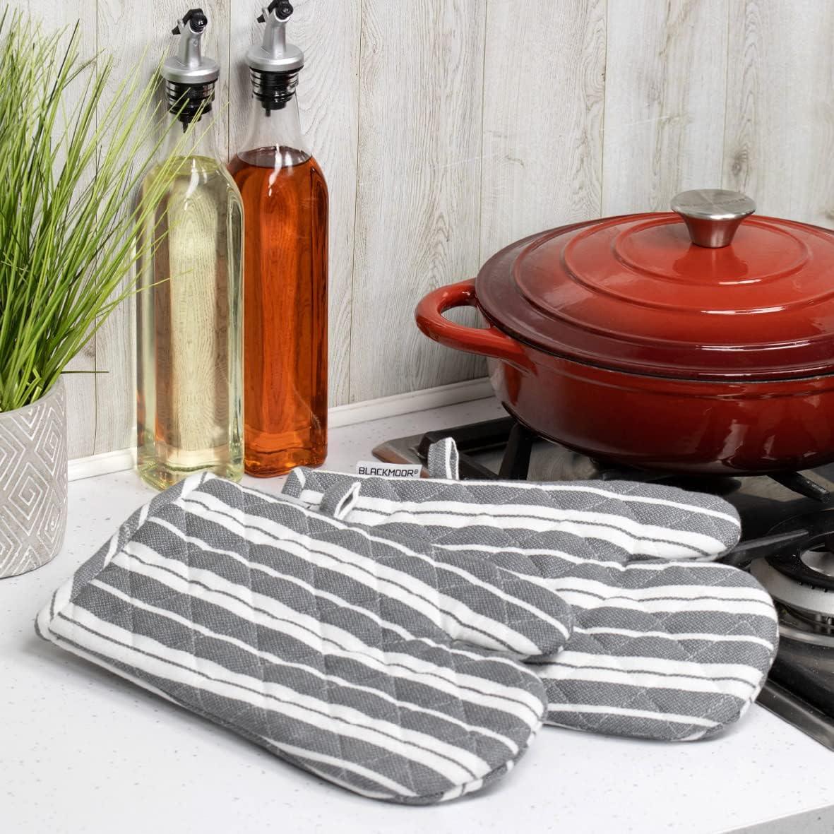 Blackmoor Pair of Oven Gloves/Set of 2 Heat Resistant Cotton Kitchen Mitts for Home Cooking, BBQ, Grilling, Baking/Grey or Navy Stripe with Hanging Loop (Grey)