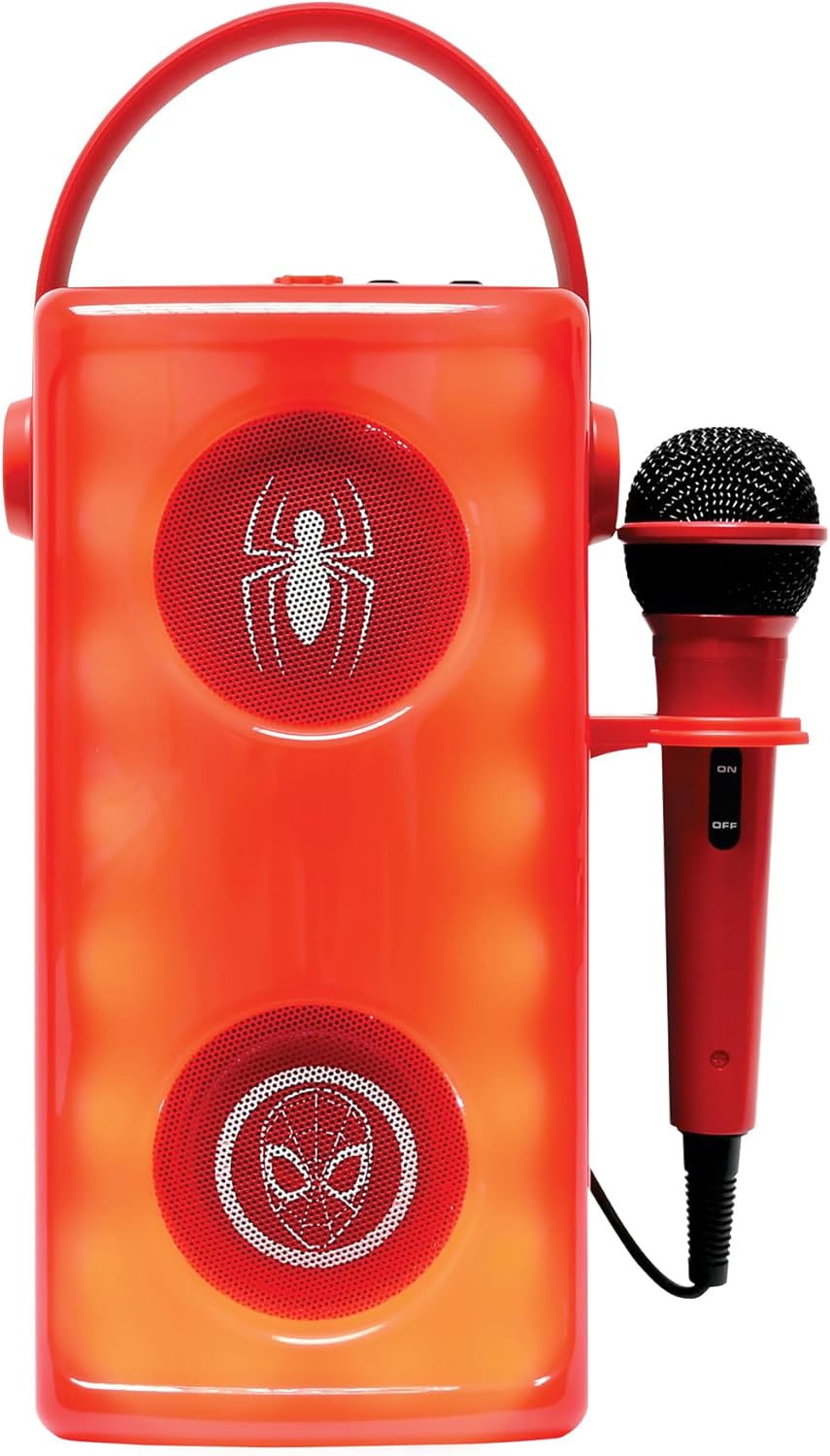 LEXIBOOK, Marvel Spider-Man, Luminous Wireless Bluetooth® Speaker with Microphone, Multi-colored Light Effects, SD/TF Card Slot, Rechargeable Battery, Red