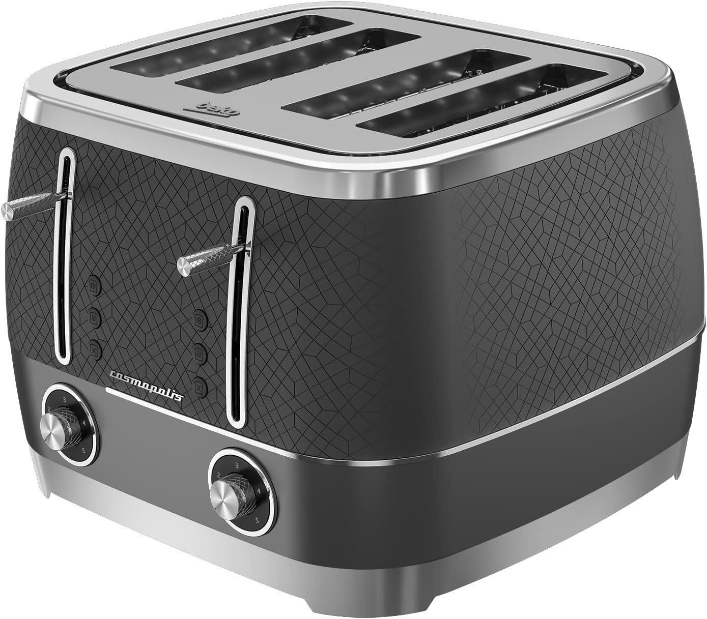 Beko Cosmopolis Toaster, Retro Granite Grey Teal Design, Extra Wide Slot 4-Slice Toaster, Includes Defrost, Reheat and Cancel Functions