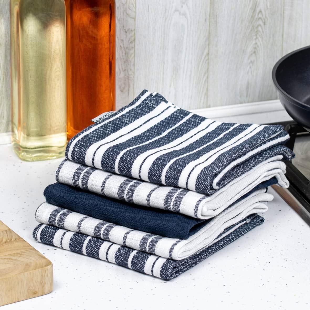 Blackmoor Set of 5 Tea Towels/Soft and Super Absorbent Kitchen Dish Towels/Grey or Navy Stripe Design / 50 x 70cm (Navy)