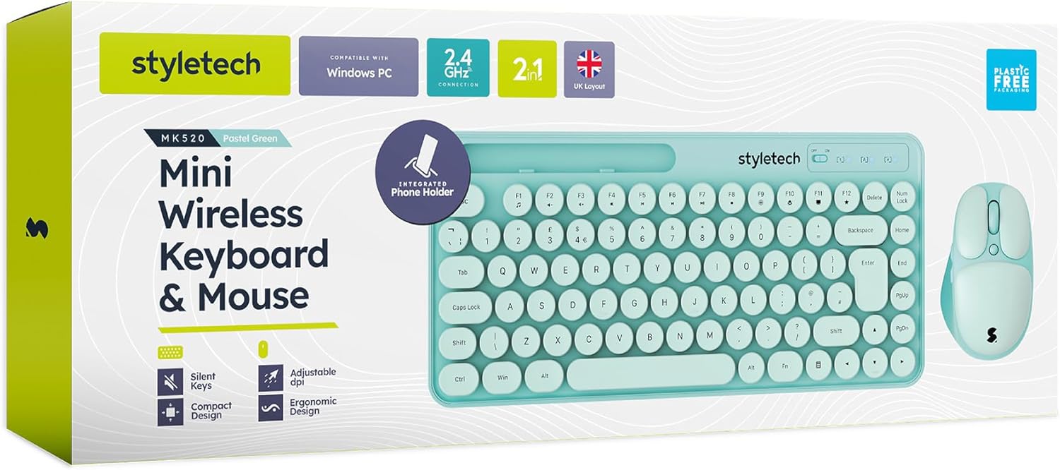 Styletech MK520 Mint Wireless Pastel Keyboard and Mouse Bundle – Soft-Touch Design with Cord-Free Convenience