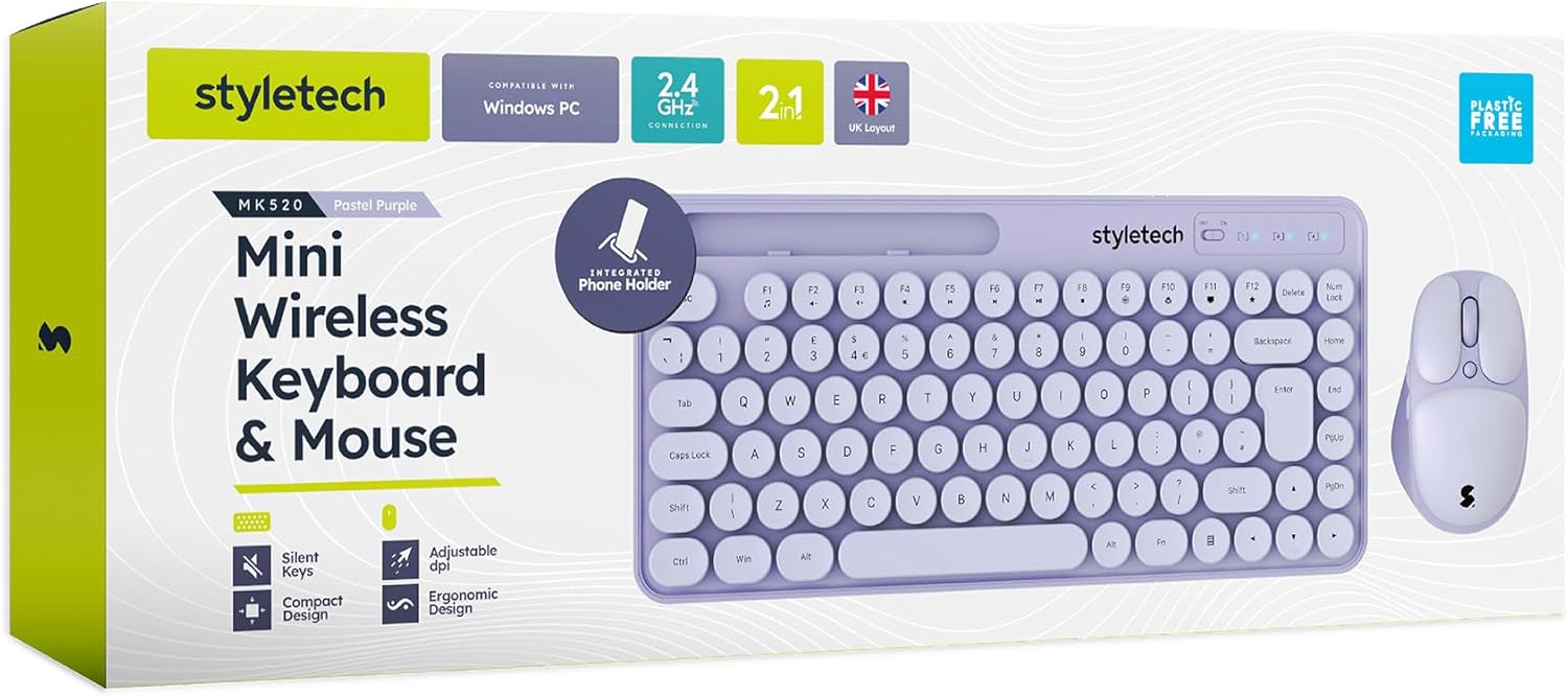 Styletech MK520 Lavender Wireless Pastel Keyboard and Mouse Bundle – Soft-Touch Design with Cord-Free Convenience