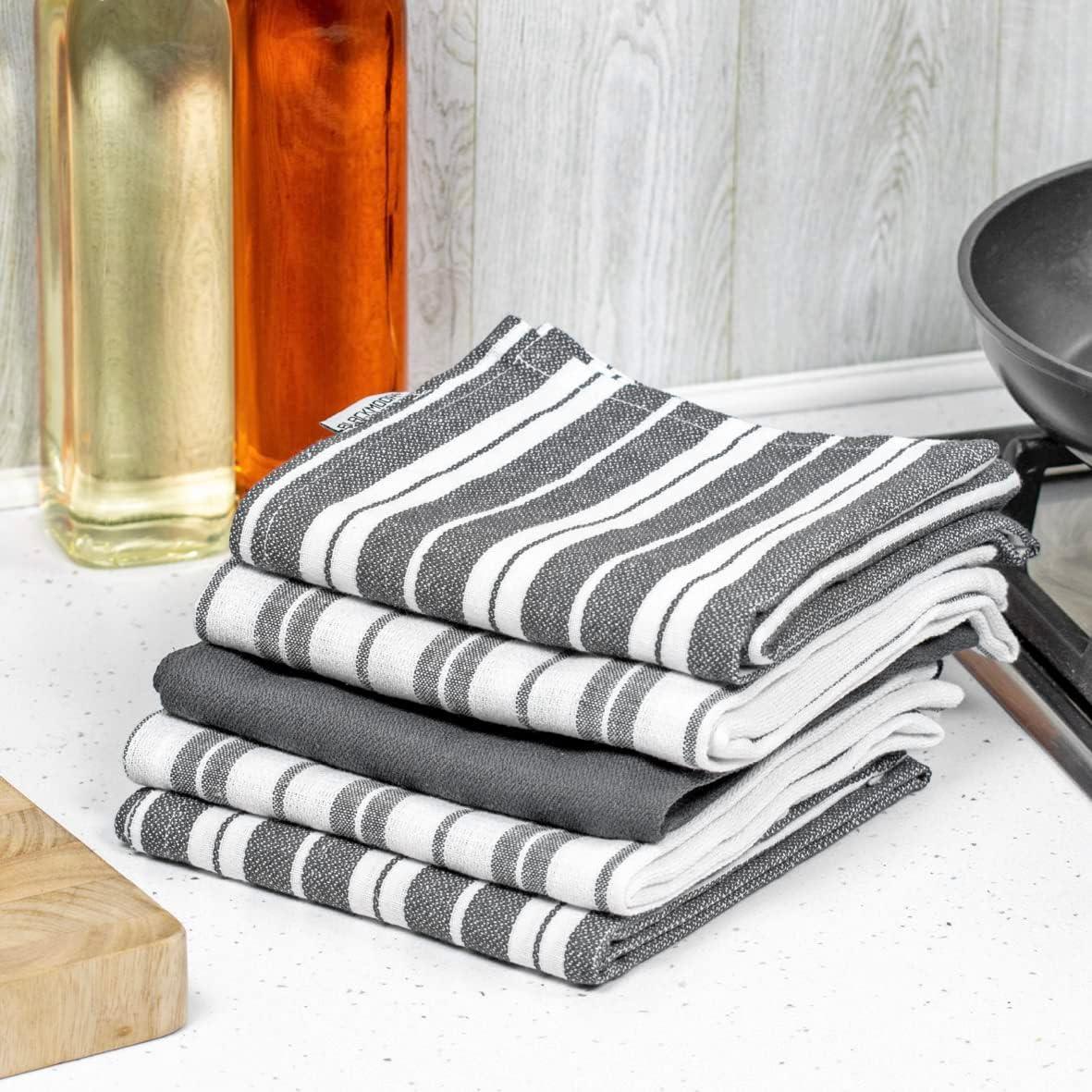Blackmoor Set of 5 Tea Towels/Soft and Super Absorbent Kitchen Dish Towels/Grey or Navy Stripe Design / 50 x 70cm (Grey)
