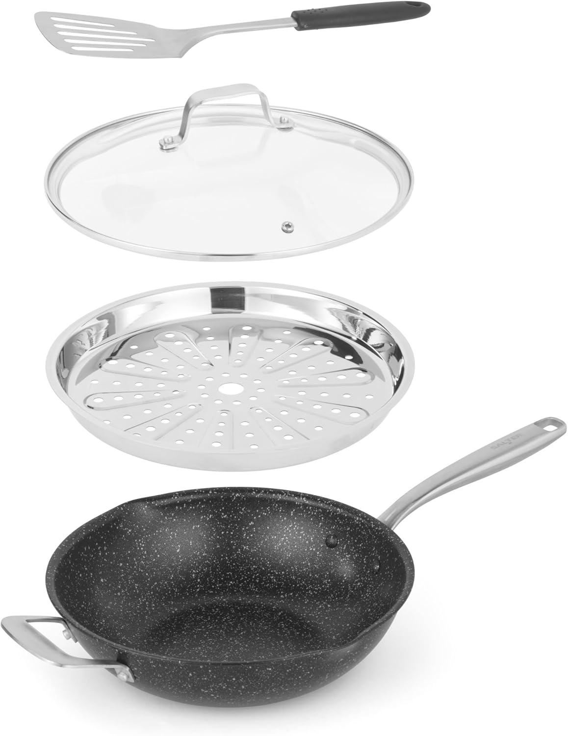 Salter Megastone 28cm Multifunction Frying Pan – 20 x Tougher Non-Stick, 3.65L, Includes Tempered Glass Lid, Spatula & Steamer Insert, Sauté, Steam & Fry, Oven & Dishwasher Safe