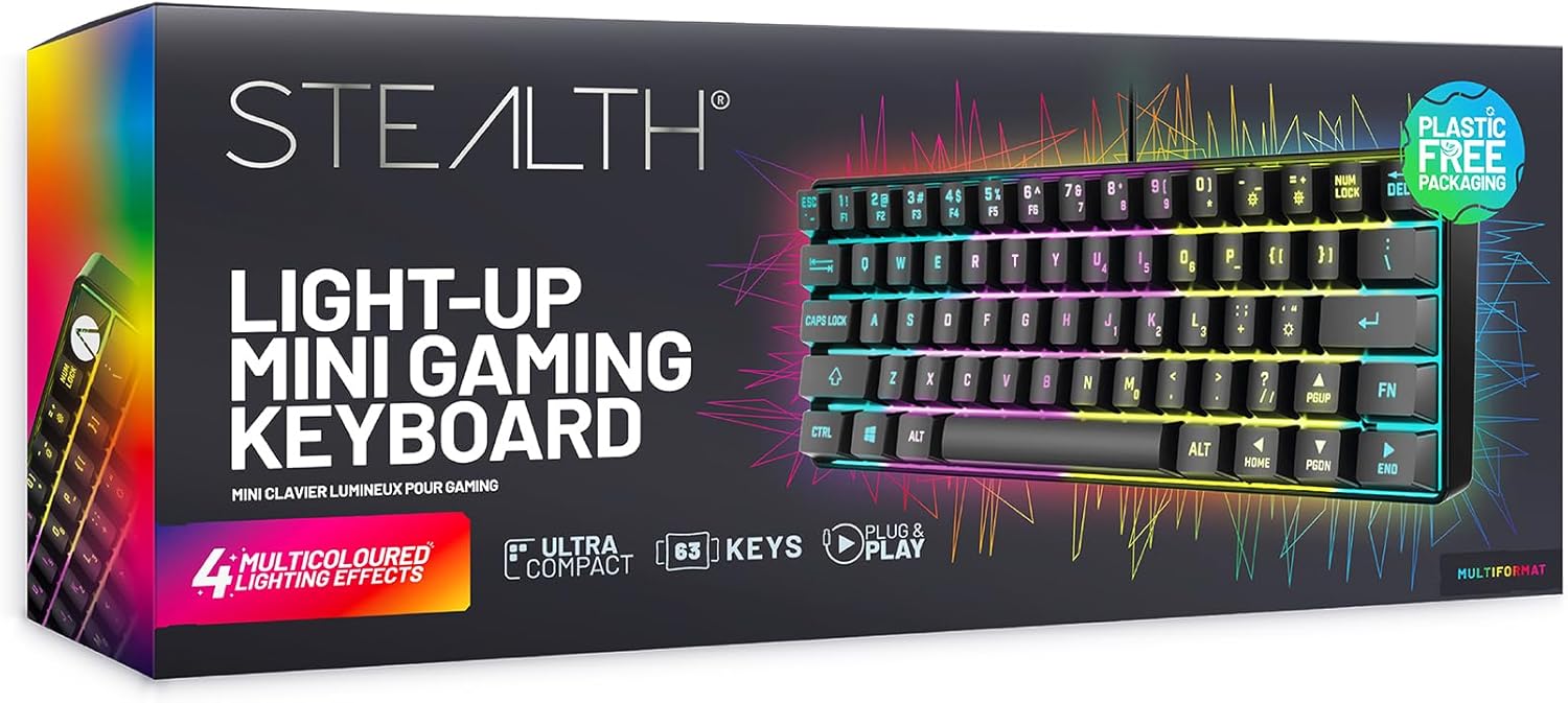 STEALTH Light Up Ultra Compact Mini Gaming Keyboard - Black, with Weighted Base and Multicolour Lighting Effects
