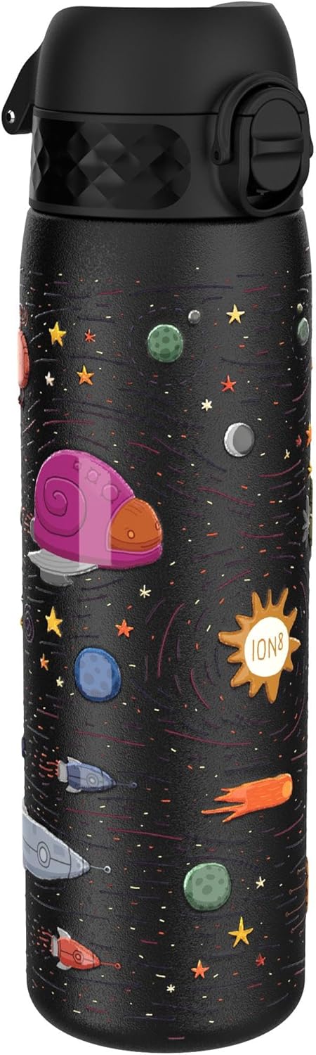 Ion8 Leak Proof Slim Water Bottle, Vacuum Insulated, Spaceships, 500ml (17oz), Leak Proof, Easy to Open, Secure Lock, Dishwasher Safe, Fits Cup Holders, Carry Handle, Scratch Resistant, Metal Water Bottle