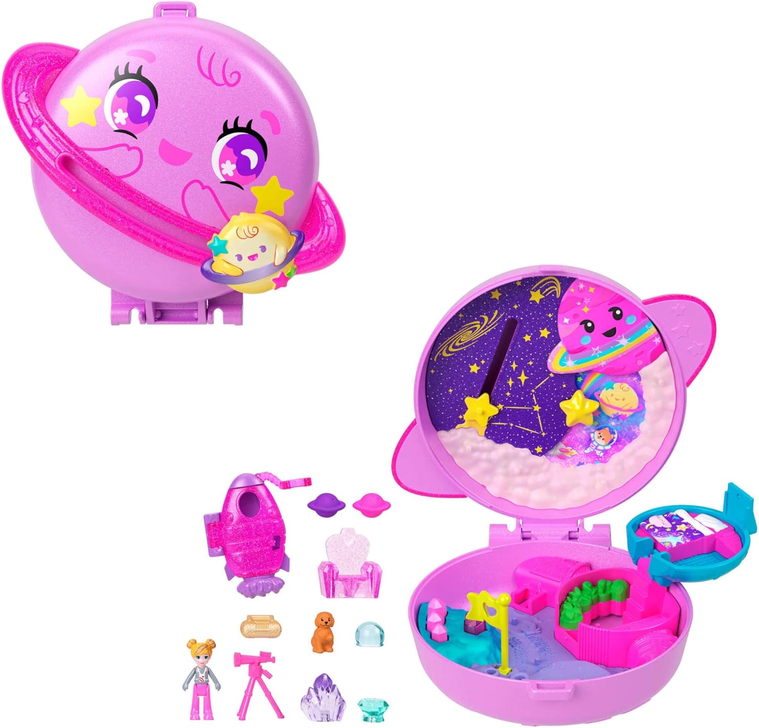 Polly Pocket Dolls and Playset, Planet Polly Outer Space Compact, Travel Toy with 1 Micro Doll, Pet Puppy & Themed Accessories